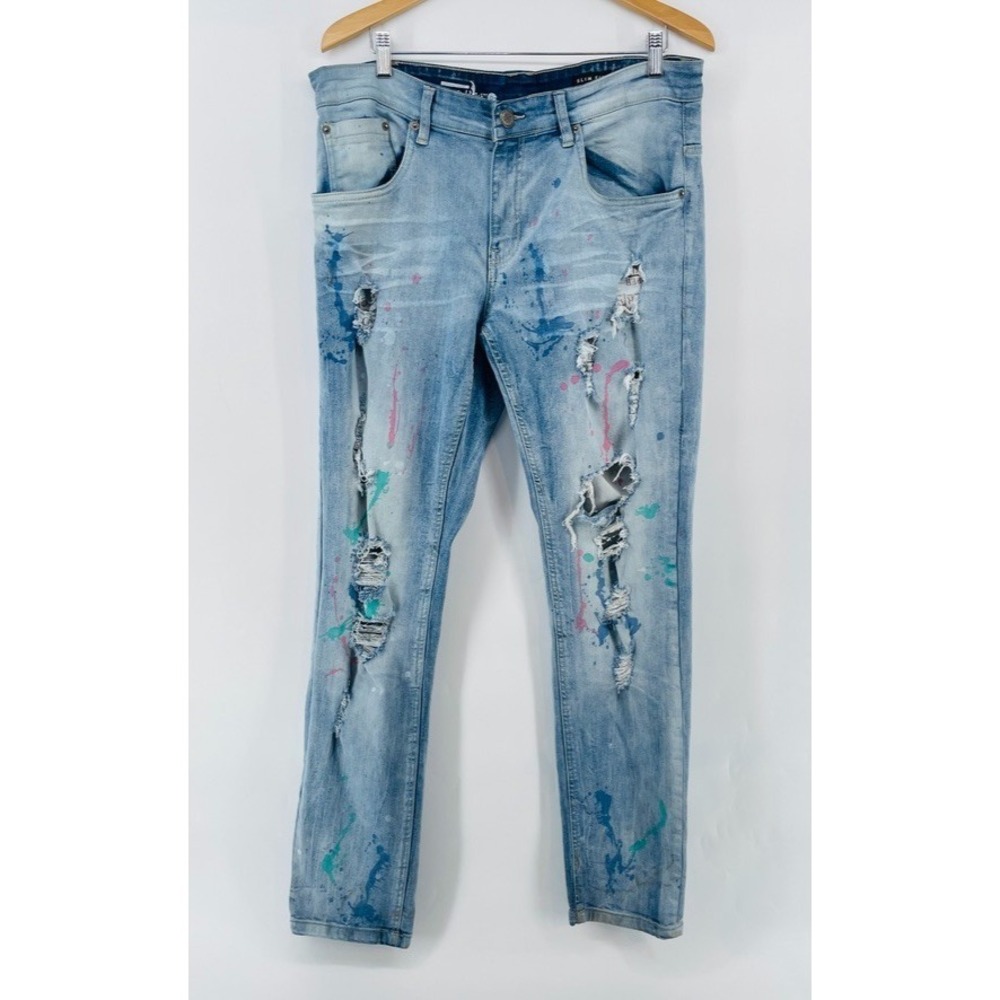 Copper Rivet Jeans Men 36x32 Slim Fit Distressed Paint Splatter Distressed‎ Rock